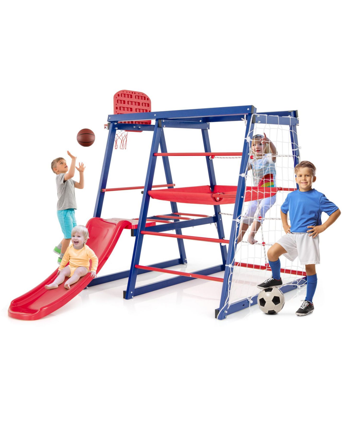 Детская игрушка Mecale 7-In-1 Metal Climbing Playground with Slide, Climbing Net & Basketball Hoop, Ages 3-7, цвет: Синий — фото 1