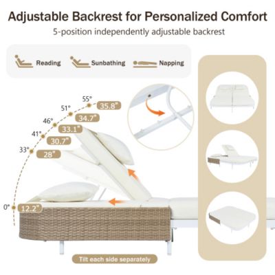 TREXM Outdoor Daybed Patio Rattan Daybed 5 Position Adjustable Backrest Removable Cushions White Frame
