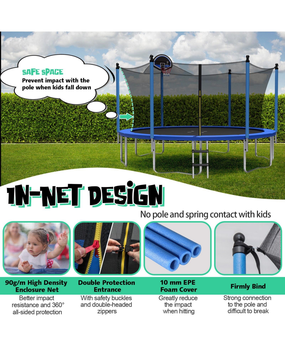 12 Feet Outdoor Recreational Trampoline with Ladder and Enclosure Net