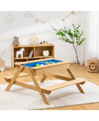 3 in 1 Kids Picnic Table Wooden Outdoor Water Sand Table w/ Play Boxes