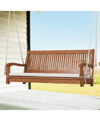 2-Person Hanging Porch Swing Wood Bench with Cushion Curved Back