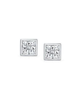 Geometric Round Square CZ Cubic Zirconia Bezel Set Checkboard Invisible Cut Stud Earrings Sterling Silver
