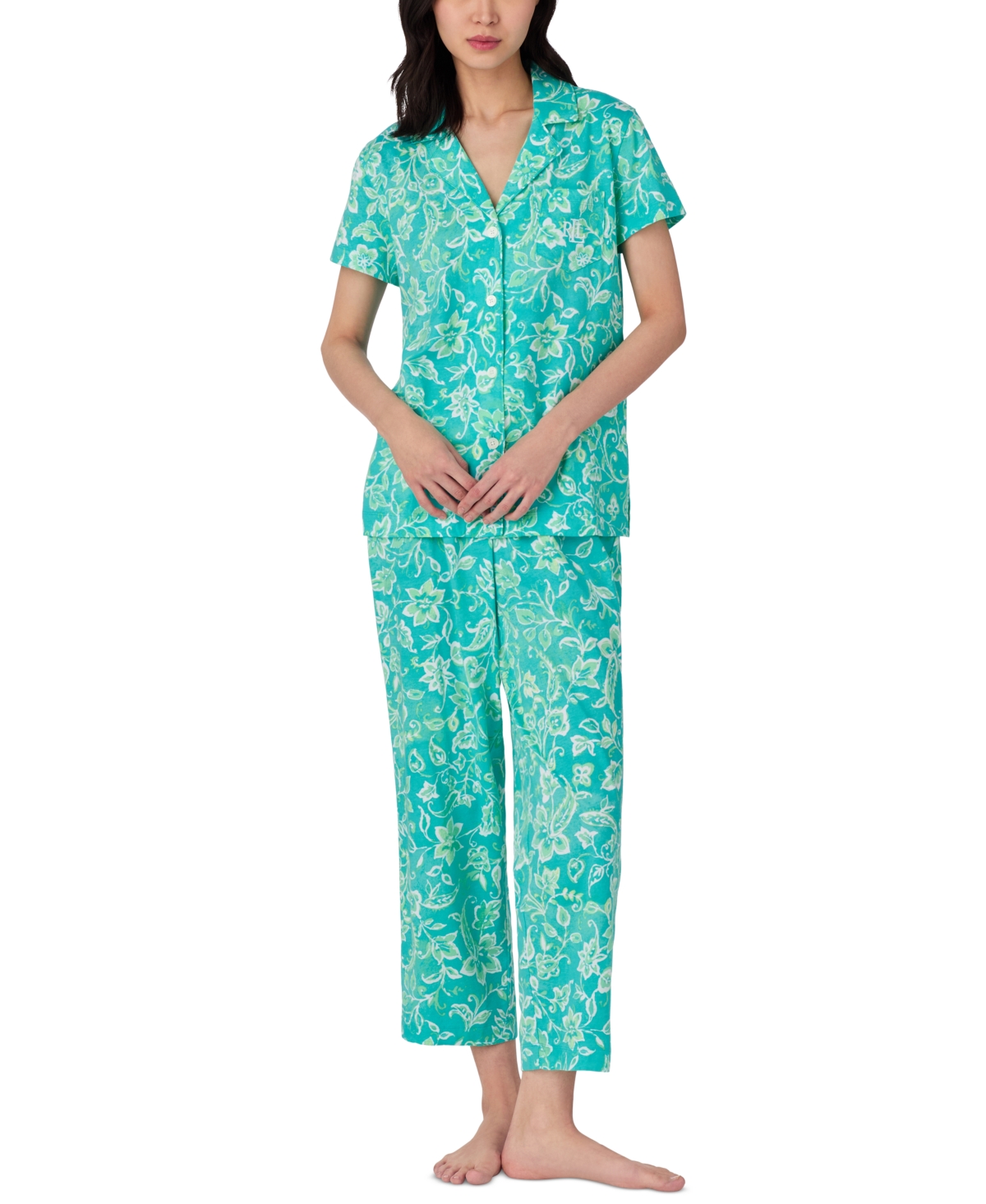 Women's Short-Sleeve Notch-Collar Cropped Pajama Set - Aqua Fl