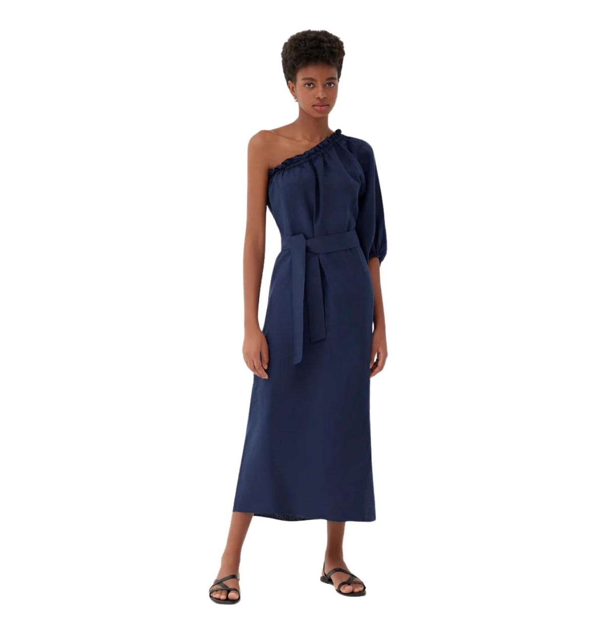 Women's Sardinia Linen One Shoulder Dress - Navy