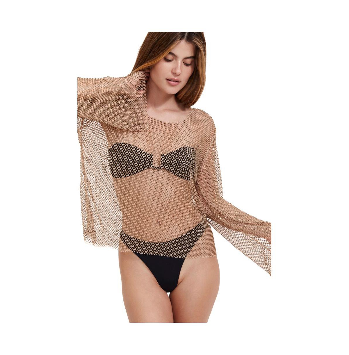 Women's Rhinestone Lattice Long Sleeve Cover Up - Beige