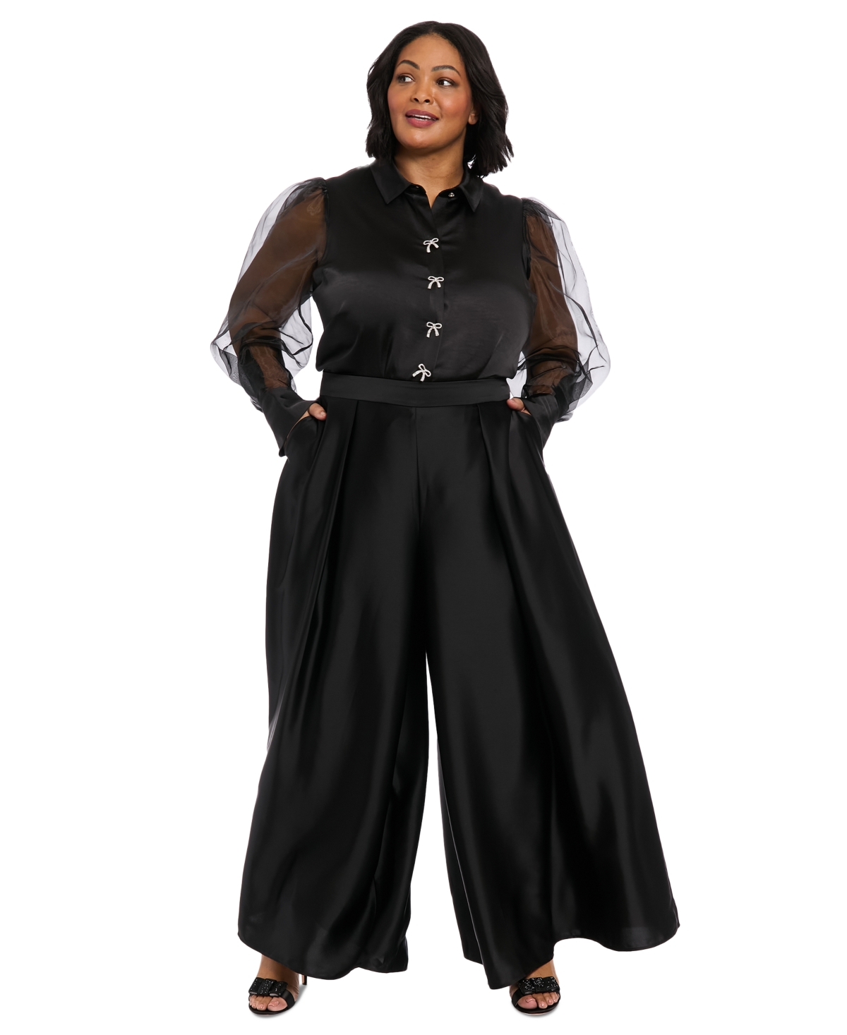 Plus Size Satin Wide-Leg Pants - Black