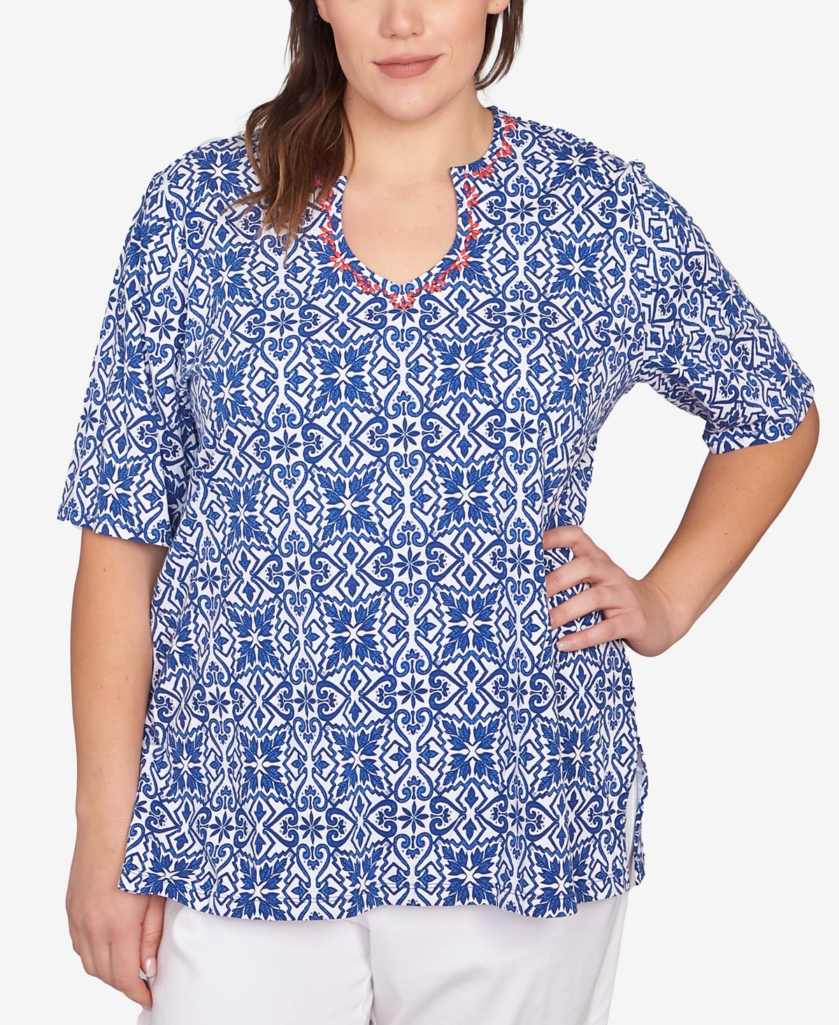Plus Size Pacific Medallions Embellished Knit Top - Blue Multi
