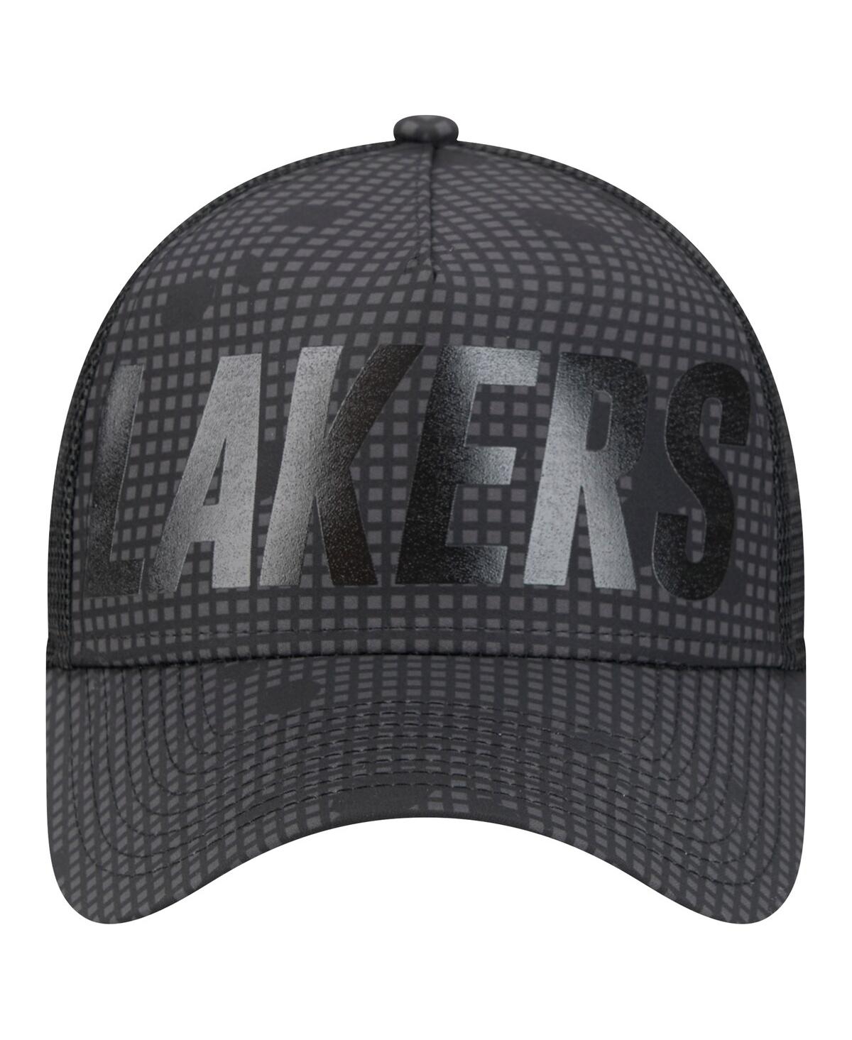 NEW ERA MEN'S BLACK LOS ANGELES LAKERS MIDNIGHT INK TONAL A-FRAME TRUCKER 9FORTY ADJUSTABLE HAT 