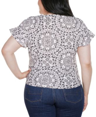 Plus Size Printed Eyelet Tie-Front Knit Top