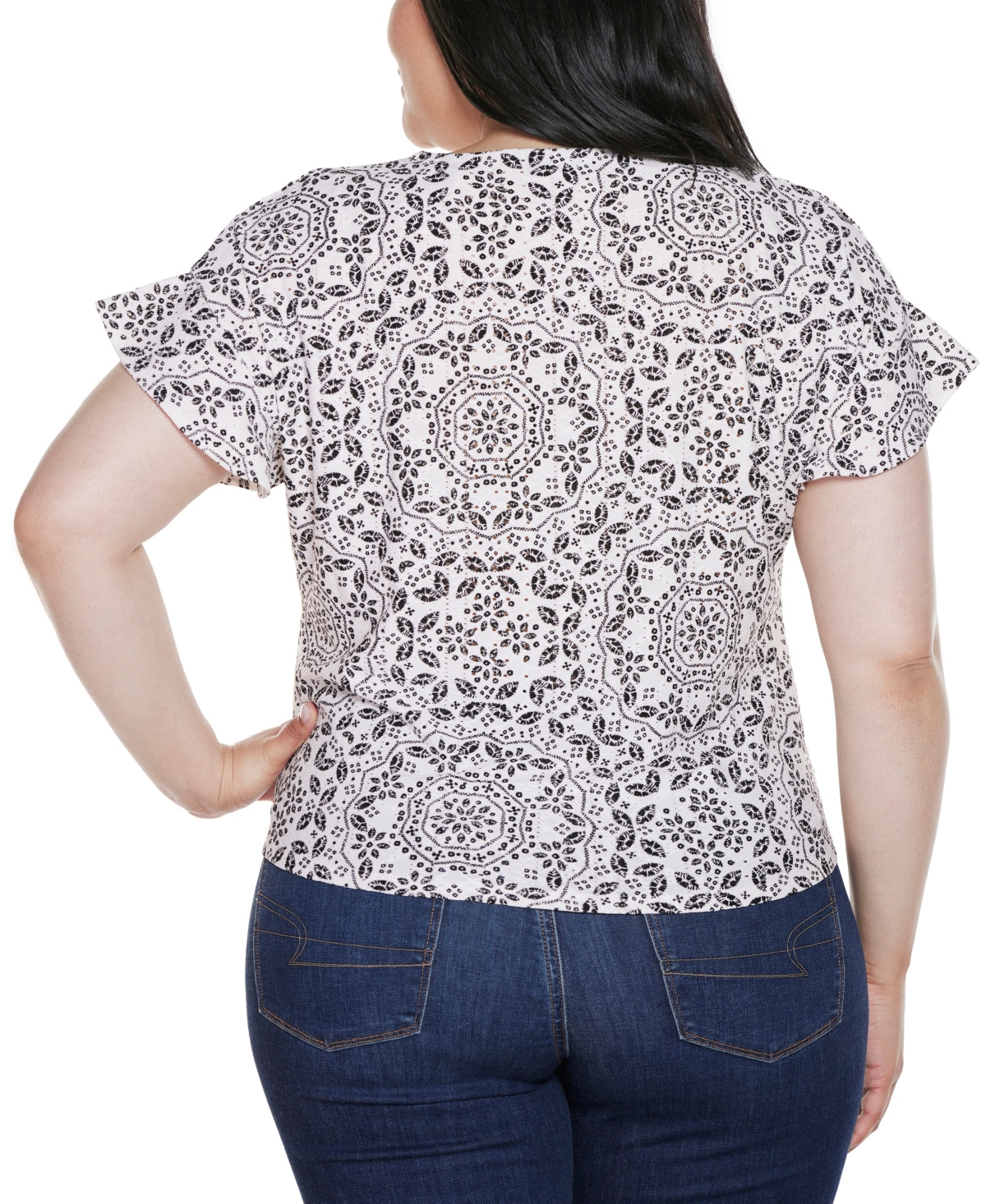 BELLDINI PLUS SIZE PRINTED EYELET TIE-FRONT KNIT TOP 