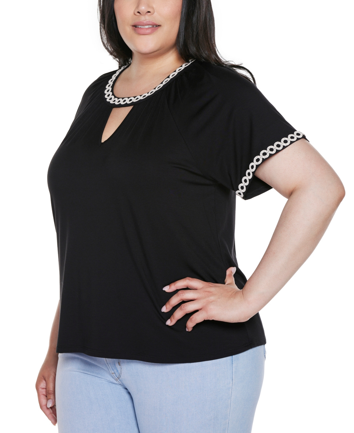 Belldini Plus Size Crochet-trim Short Sleeve Knit Top