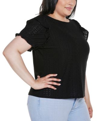 Plus Size Knit Eyelet Ruffle Sleeve Top