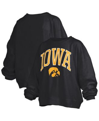 Pressbox - Women's Black Iowa Hawkeyes Janise Arch Over Logo Waist Length Oversized Pullover Sweatshirt