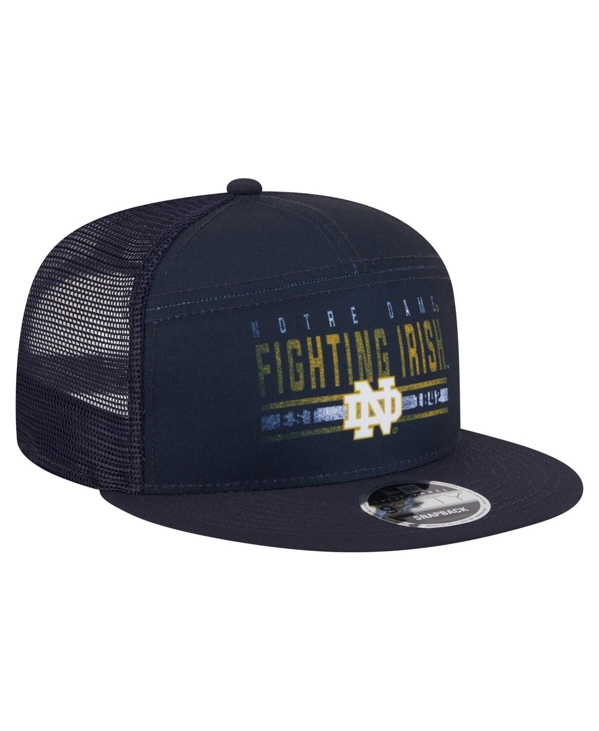 NEW ERA MEN'S NAVY NOTRE DAME FIGHTING IRISH SPLIT PANEL 9FIFTY SNAPBACK TRUCKER HAT 