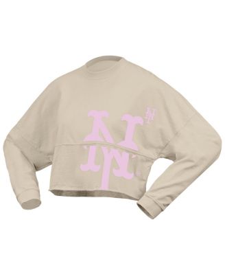 Women's Cream New York Mets Floral Preppy Cropped Long Sleeve T-Shirt