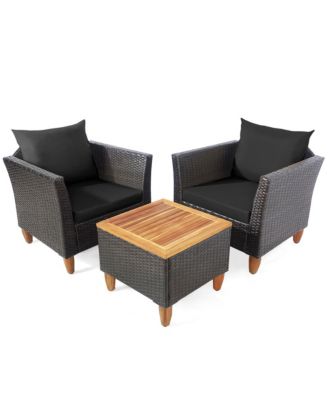 3PCS Patio Furniture Set Conversation Bistro Set w/ Acacia Wood & Cushions Black