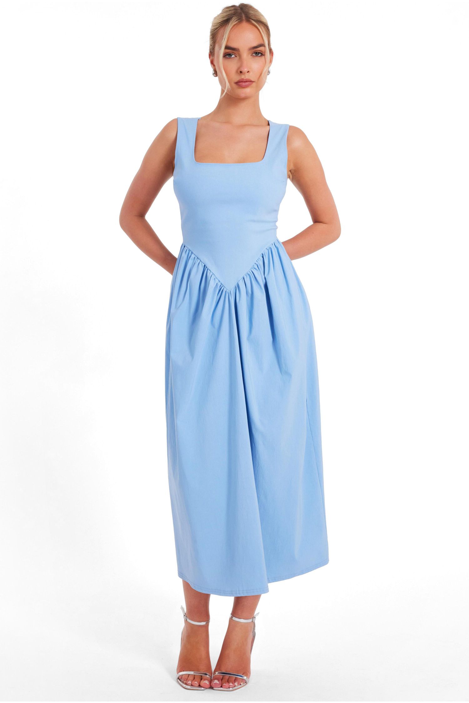 Women's Bengaline Square Neck Bow Midi Dress