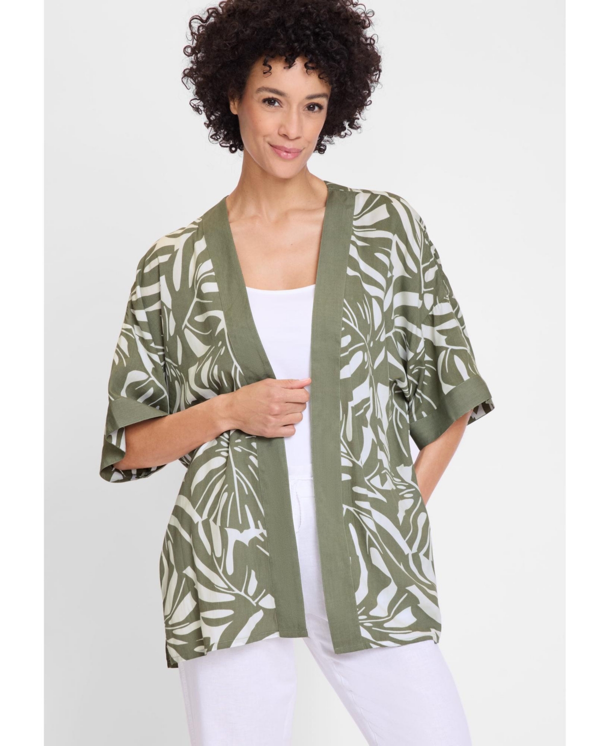 Women's Leaf Print Lightweight Kimono - Olive