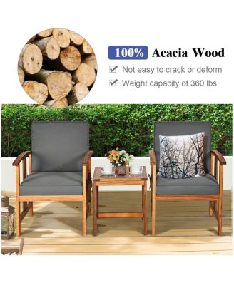 3PCS Outdoor Patio Sofa Furniture Set Solid Wood Cushioned Conversation Set Grey