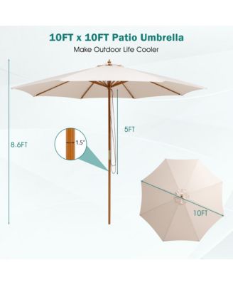 10FT Patio Umbrella Table Market Umbrella w/ 8 Bamboo Ribs Pulley Lift & Ventilation Hole
