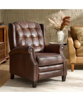 Silvia Button-tufted Genuine Leather Power Recliner with Solid Wood Legs