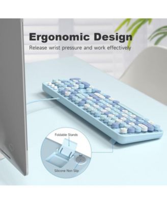 Computer Keyboard Wired, Plug and Play USB Retro Round Typewriter Keyboard, Full Size Wired Keyboard with Foldable Stands for Laptop and Office PC- Purple Colorful