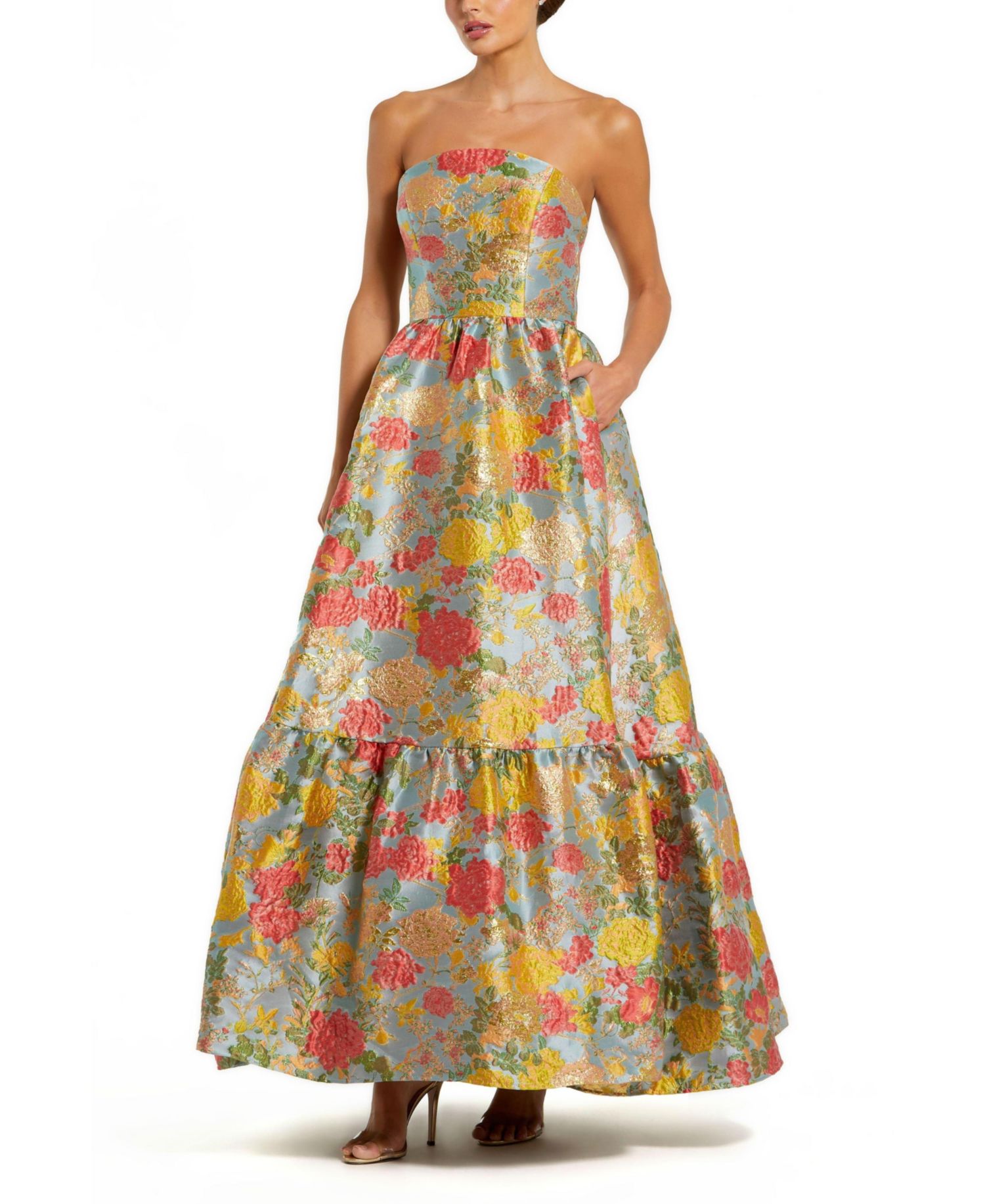 Women's Strapless Brocade Floral Gown With Ruffle Hem