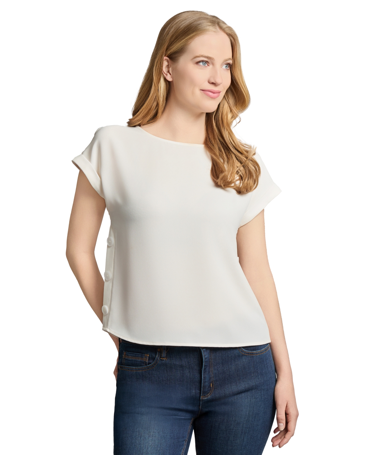 Jones New York Petite Round-neck Side-button Short-sleeve Top
