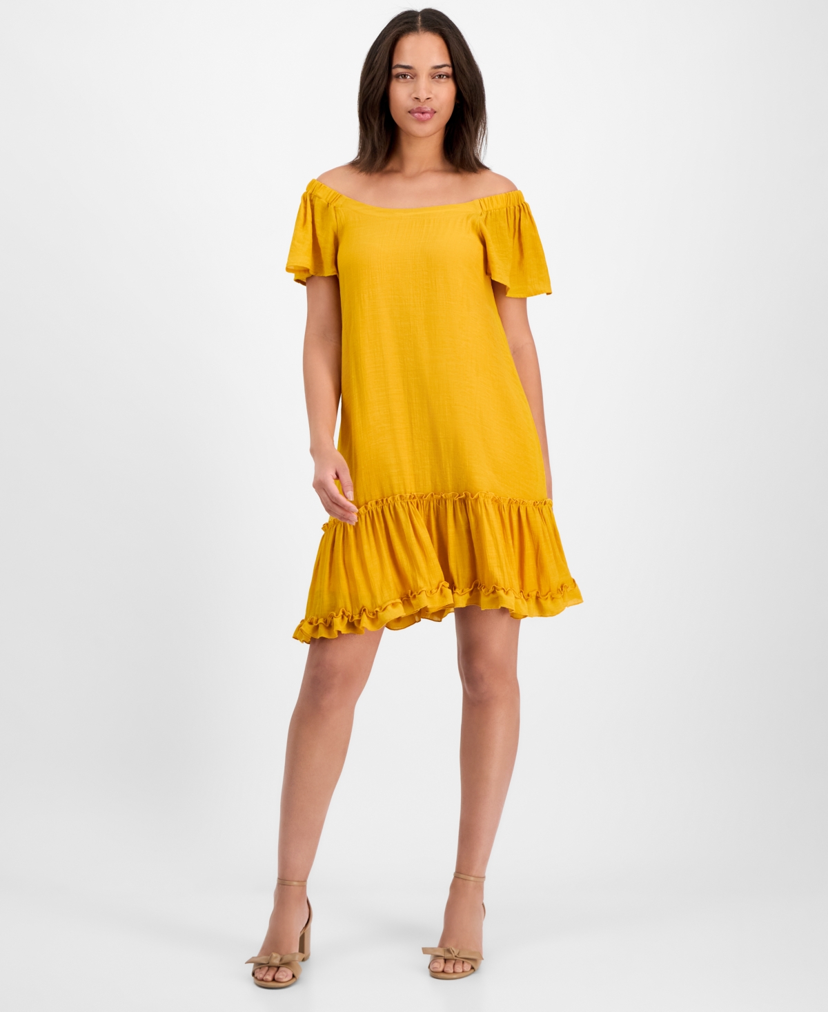 Women's On-Off Shoulder Flutter-Sleeve Mini Dress - Mustard