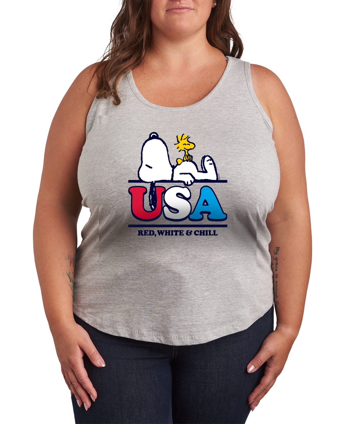 Plus Size Peanuts Snoopy Usa Graphic Crew Neck Tank T-Shirt - Gray