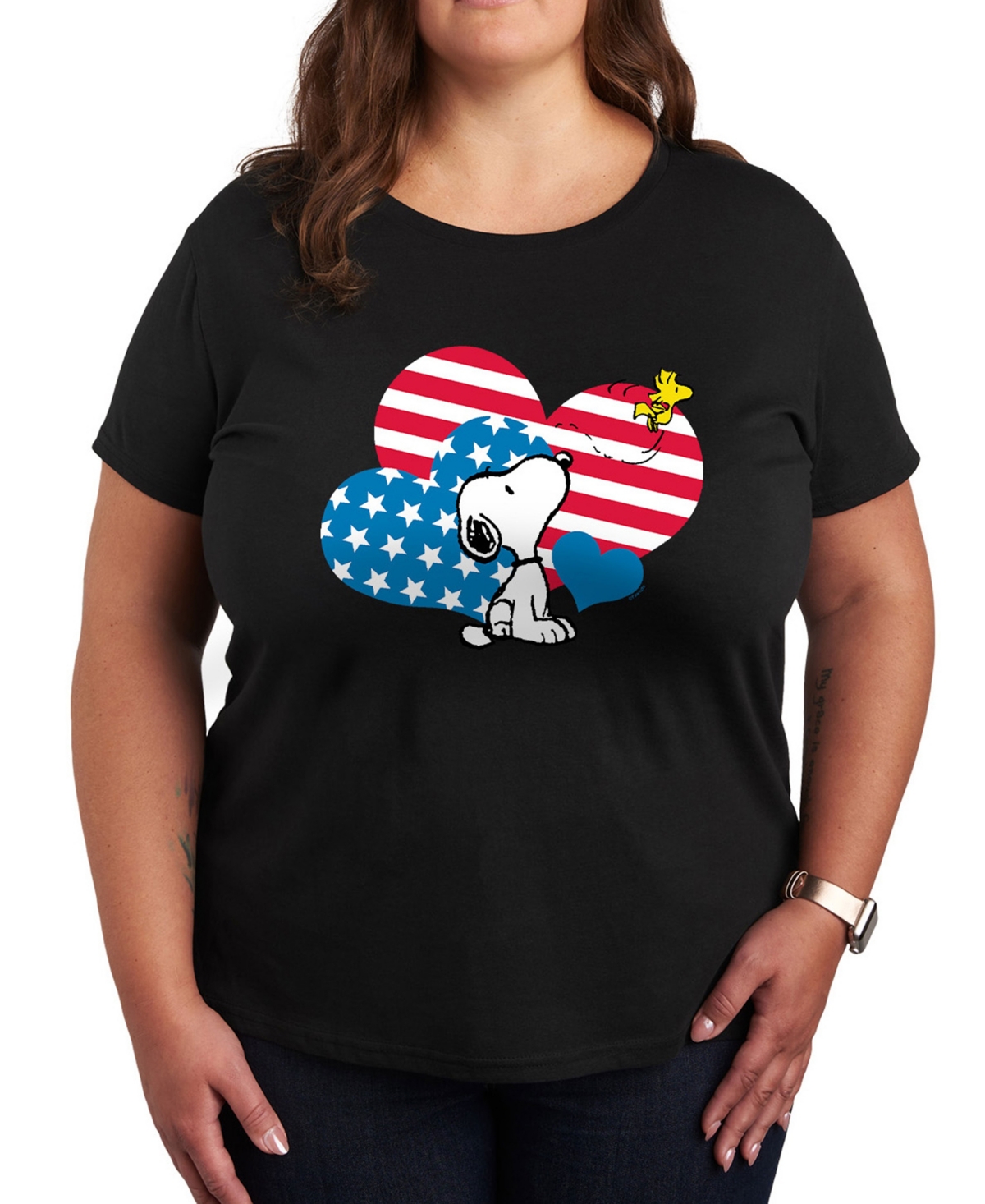 Hybrid Apparel Plus Size Peanuts Americana Hearts Snoopy Graphic Crew Neck T-shirt In Black