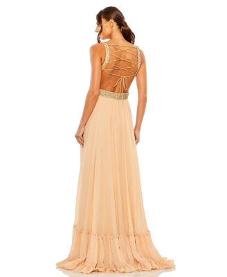 Women's Lace Up Rhinestone Embellished Cut Out Gown