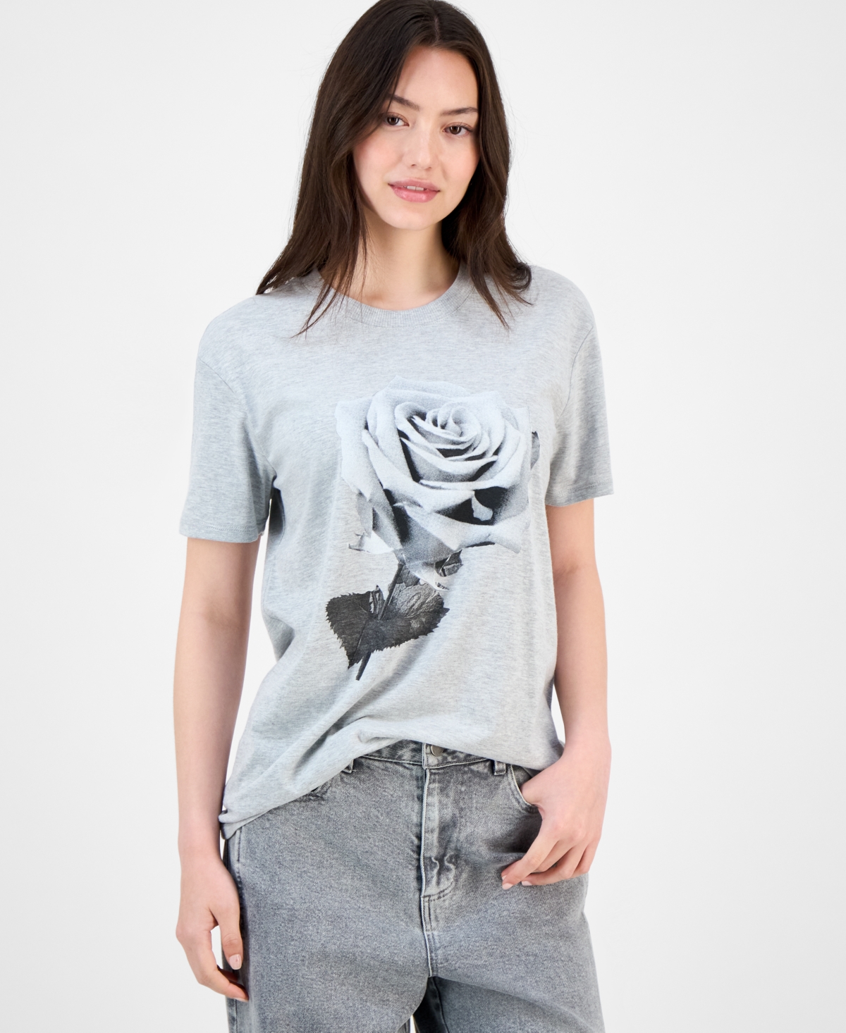 Juniors' Rose Graphic-Print Boyfriend T-Shirt - Lt Heather Grey