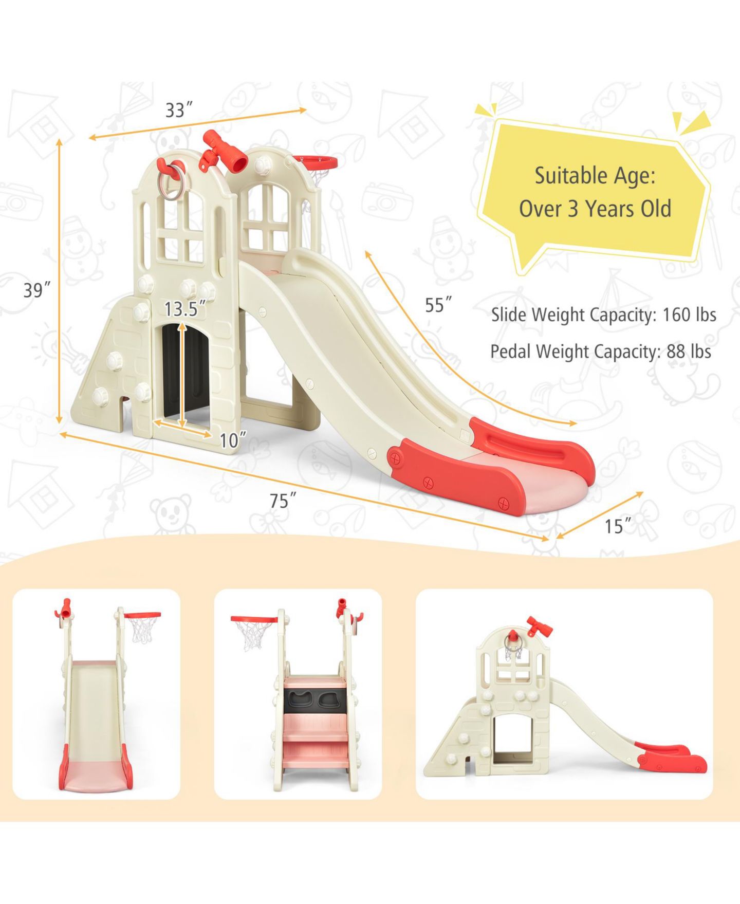 Детский игровой набор Mecale 6-in-1 Toddler Climber Slide Playset with Basketball Hoop, цвет: Красный — фото 3