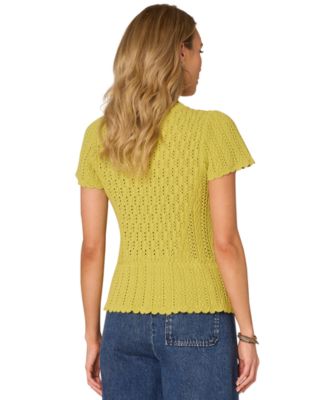 Petite Crochet Flounce-Sleeve Peplum Sweater