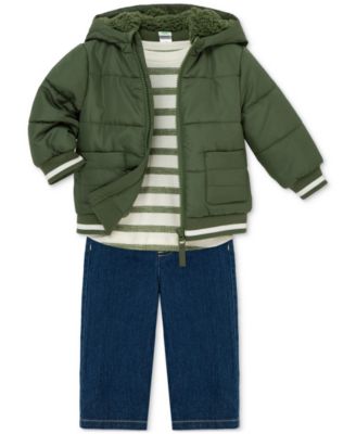 Baby Boys Hooded Jacket, Striped T-Shirt & Denim Pants, 3 Piece Set