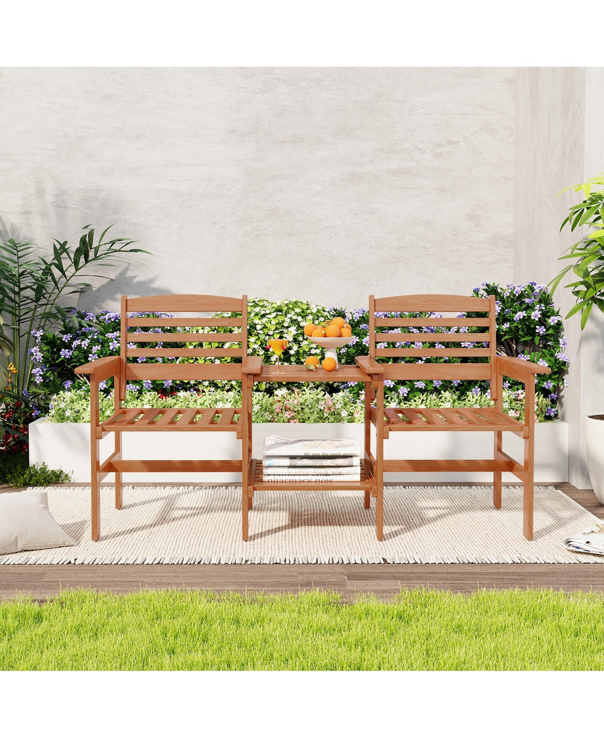Gymax Outdoor Patio Loveseat w/ Coffee Table & Umbrella Hole for Garden Poolside