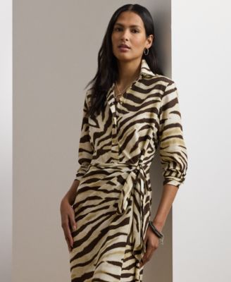 Petite Zebra-Print Tie-Front Crepe Shirtdress