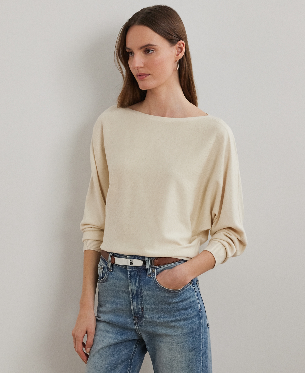 Ralph Lauren Petite Cotton-blend Dolman-sleeve Sweater In Brown