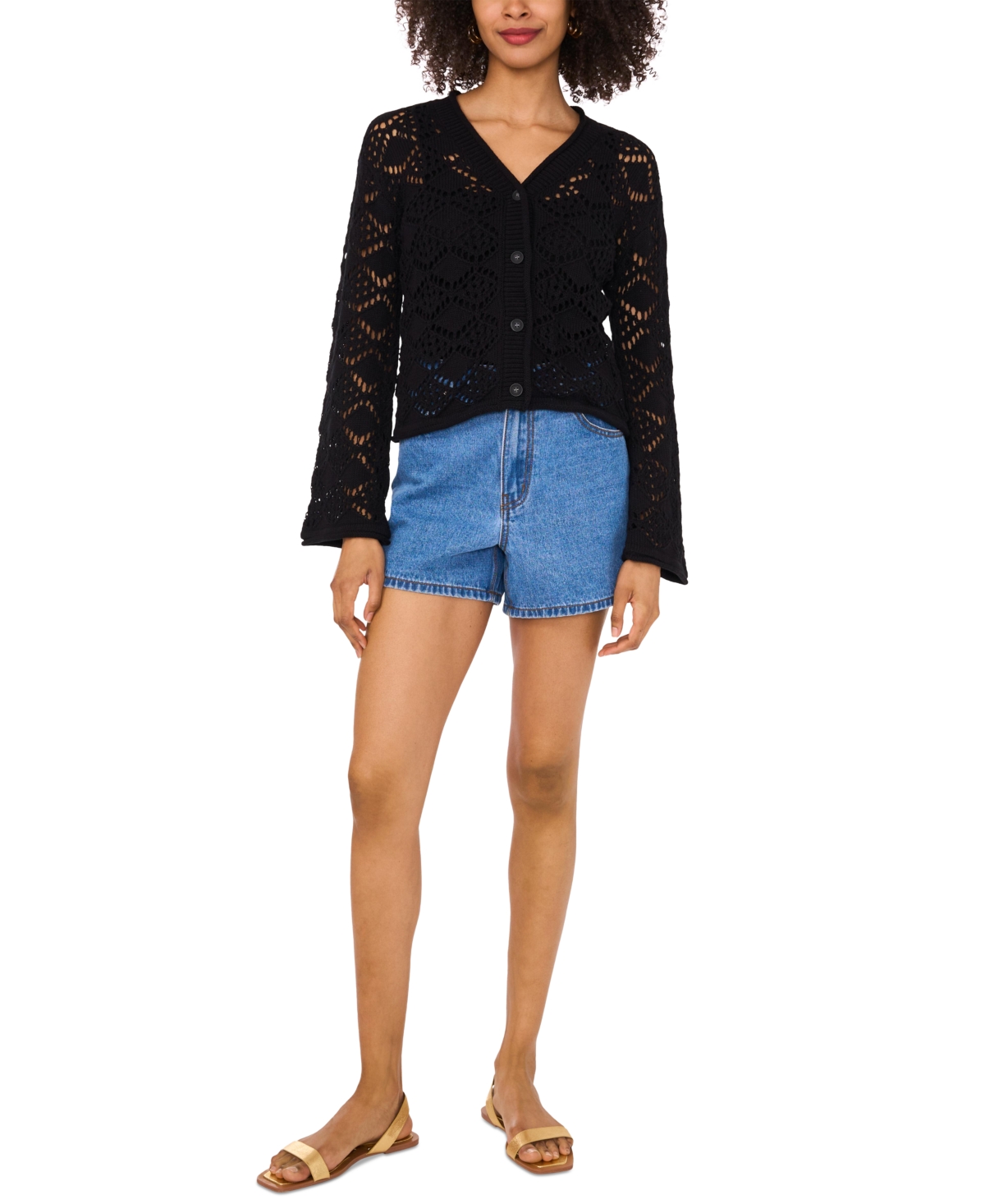 Vince Camuto Pointelle V Neck Long Sleeve Cardigan