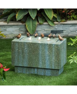 Patina Gray/Green Resin Rectangular Bubbler Outdoor Fountain with LED Lights and Bronze Birds