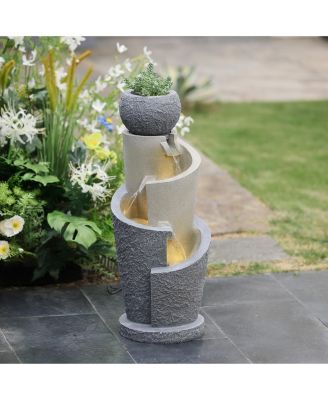 Gray Resin Cascading Spiral Outdoor Fountain with LED Lights