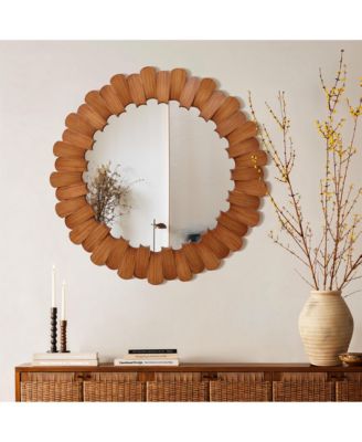 Pine Wood Frame 35-Inch Round Wall Mirror