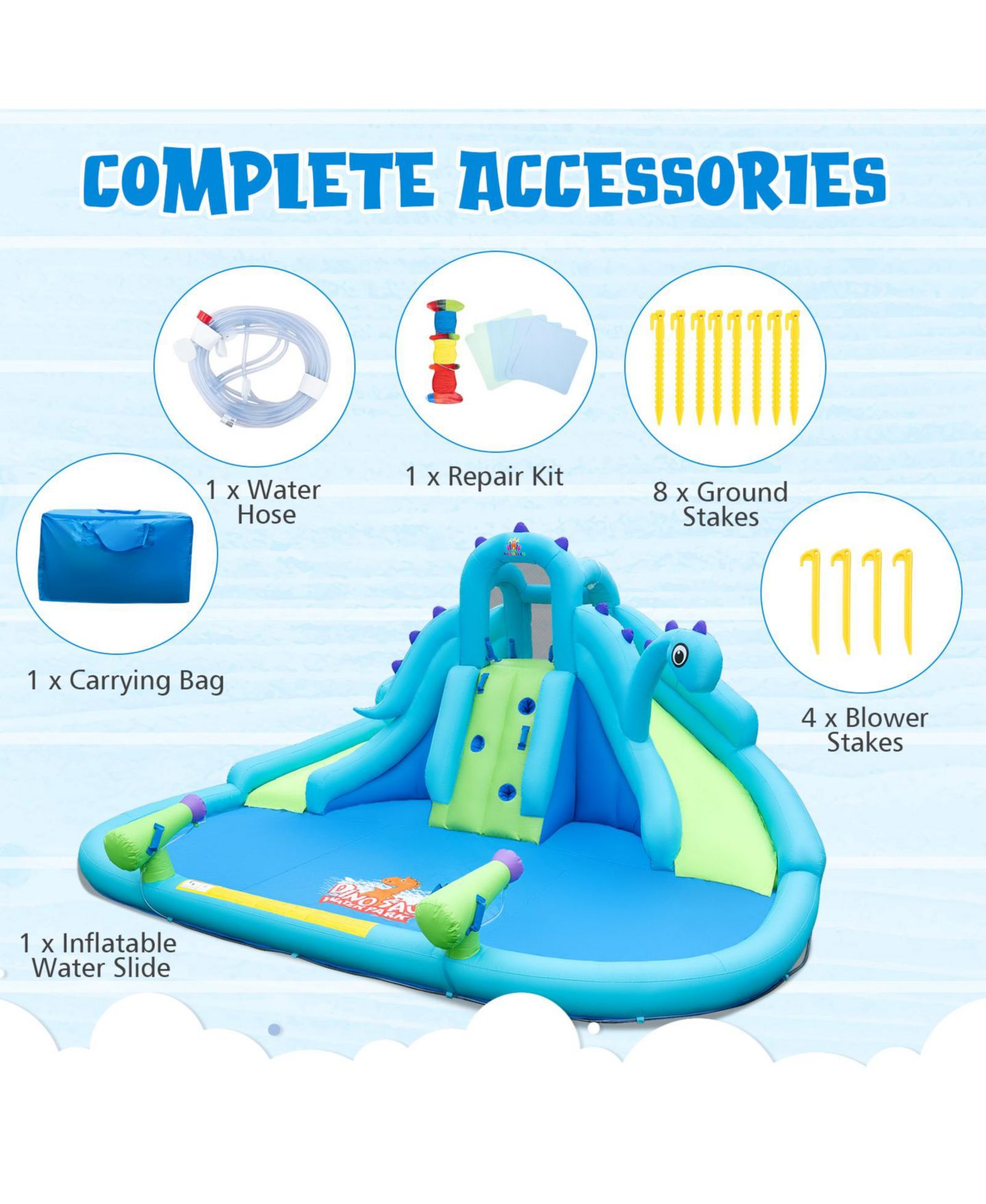Детские игрушки Mecale Dinosaur-Themed Dual Slides Inflatable Water Slide, Ages 3-10, цвет: Синий — фото 7