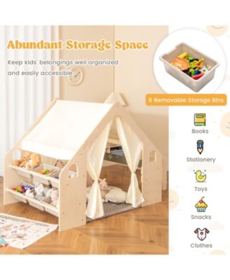 6-in-1 Kids Play Tent Playhouse with Blackboard 6 Storage Bins and Floor Cushion