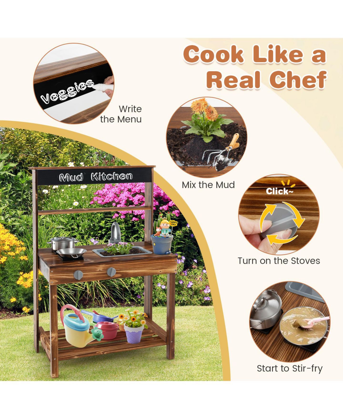 Детская игрушка Mecale Wooden Mud Kitchen with Rotatable Faucet, Ages 3+, цвет: Коричневый — фото 4
