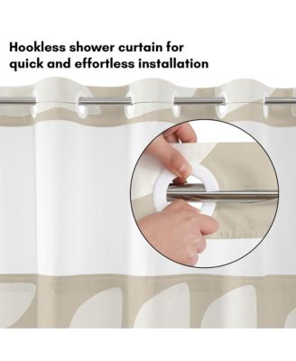 72x75 Hookless Shower Curtain - Abstract Khaki Cream Shower Curtain with Sheer Panel, Snap-In Liner, and Grommets - 100% Polyester