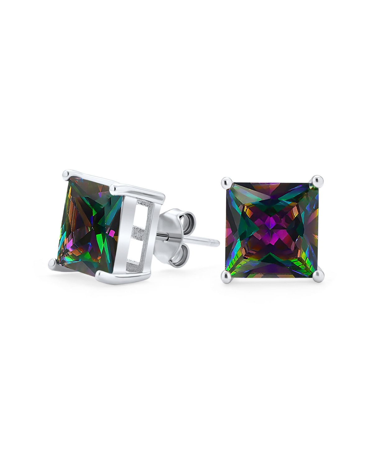Square Black Mystic Rainbow Princess Cut Cubic Zirconia Cz Stud Earrings .925 Sterling Silver - Multi-color