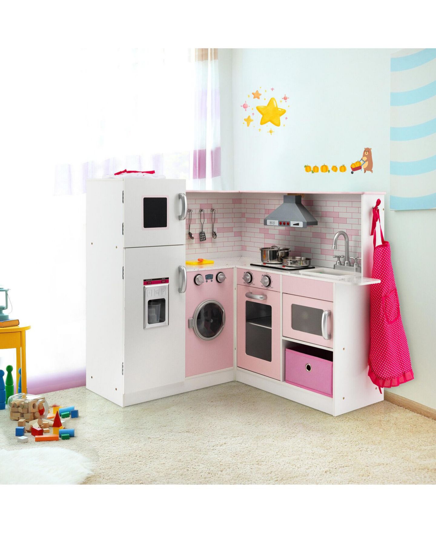 Детские игрушки Mecale Corner Play Kitchen Wooden Toy Set with Sound and Light, цвет: Розовый — фото 3