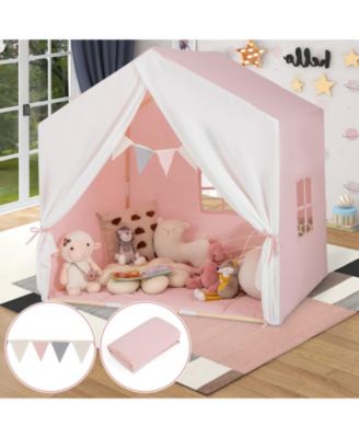 Kid's Play Tent with Washable Cotton Mat and Flag Banner